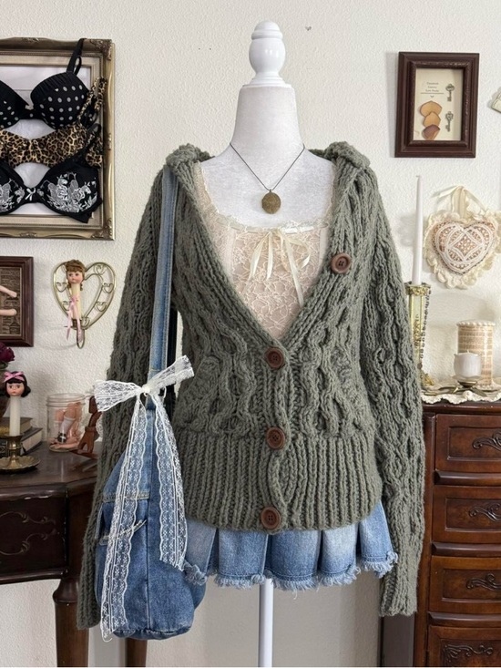 Sweaters - y2k cozy fairy grunge boho twee sage green chunky knit hooded cardigan w pockets